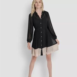 DKNY Sheer Pleated Two-Tone Long Sleeve Dress - Black and Cream